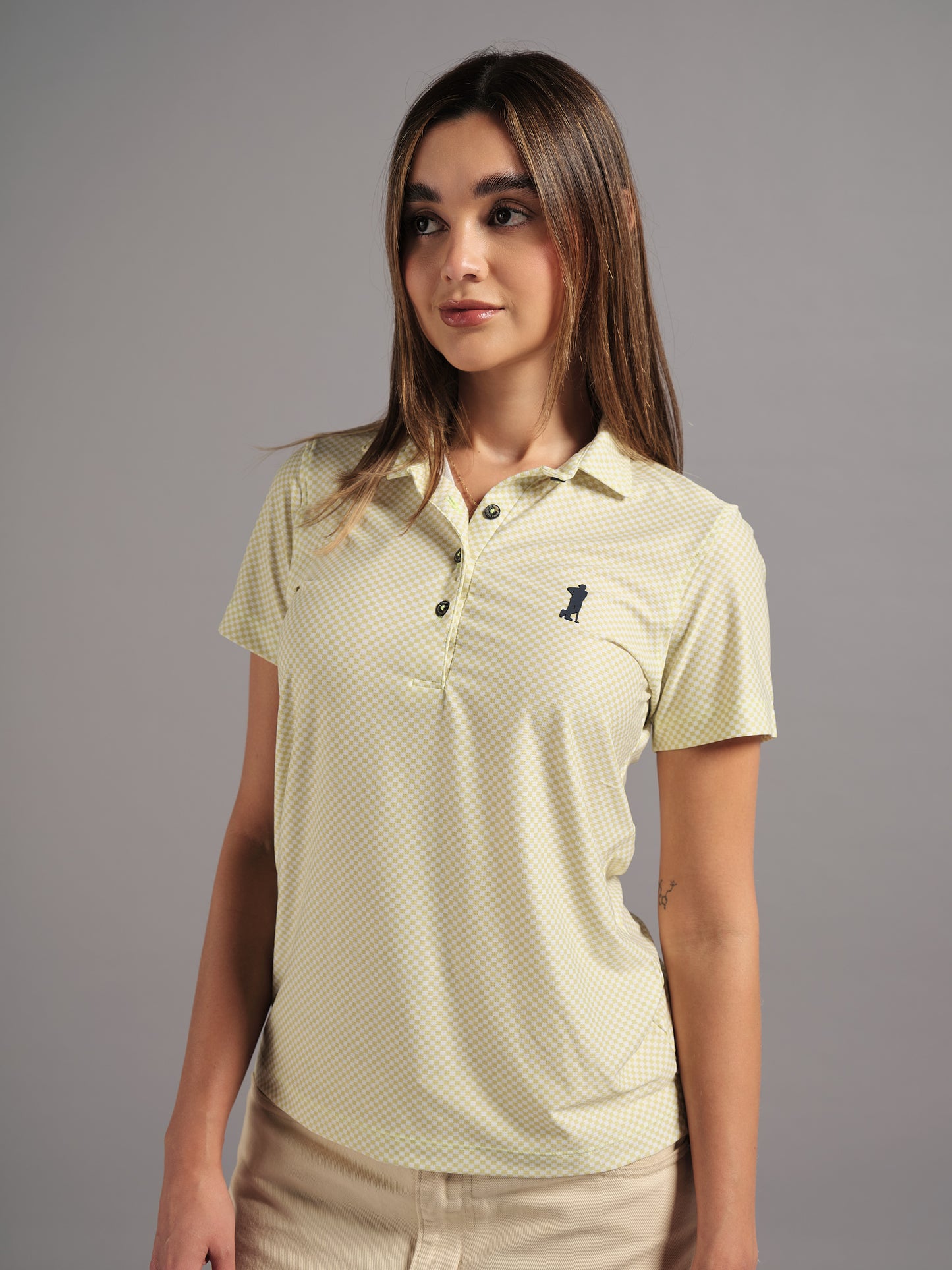 Polo de Golf para Mujer Cuadros Verdes y Blancos – Manga Corta