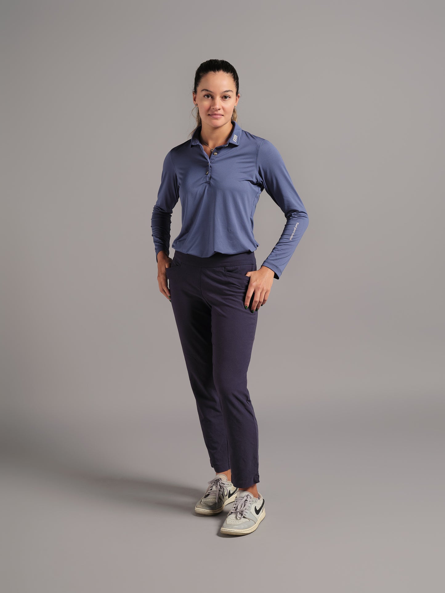 Polo Manga Larga Azul Oscuro logos rosado – (Mujer)